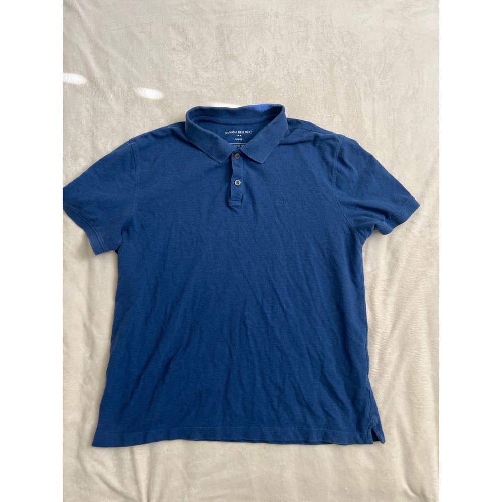 Banana Republic Mens Blue Pique Cotton Short Sleeve Polo Shirt Logo Size L